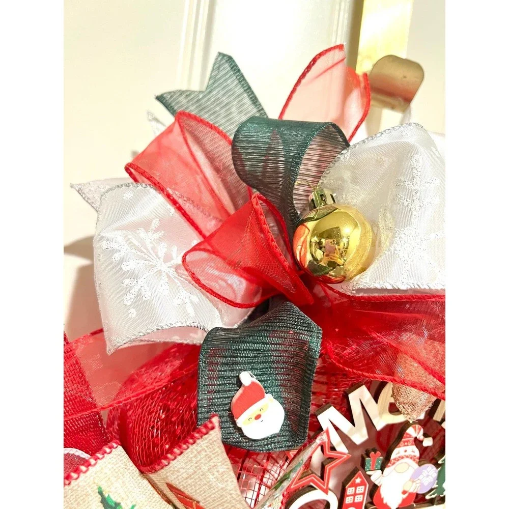 Handmade 13 inch Merry Christmas Gnome Ribbon Wreath MW4